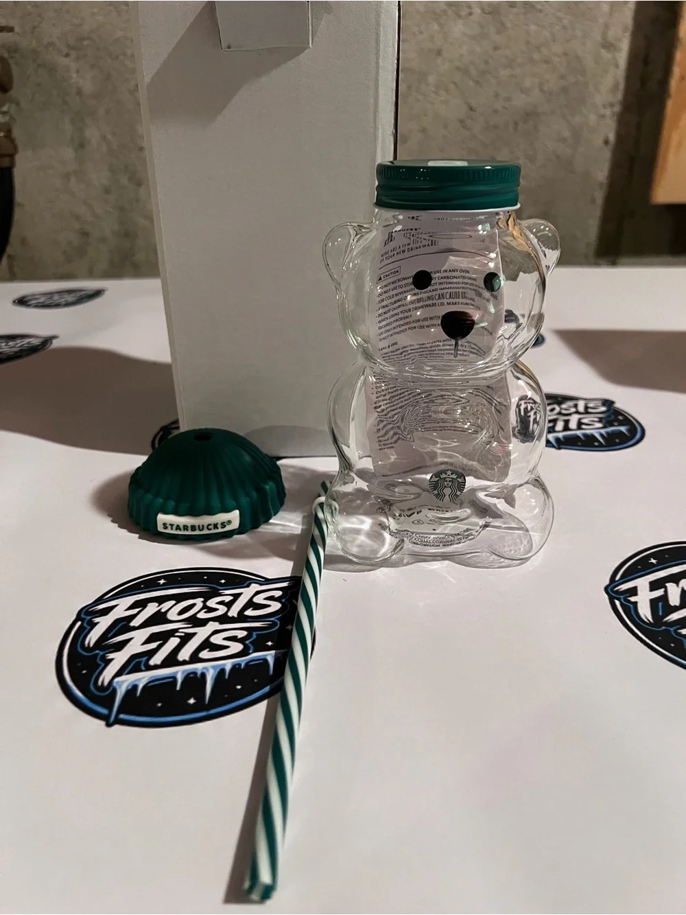 Starbucks Clear Bear-Shaped Glass Bottle with Green Cap and Green-White Straw